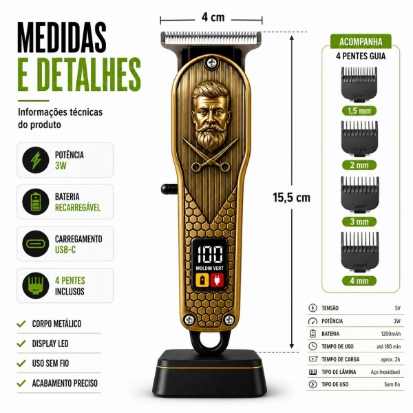 Maquina Cabelo Profissional Com Display Led E Aparador Nariz