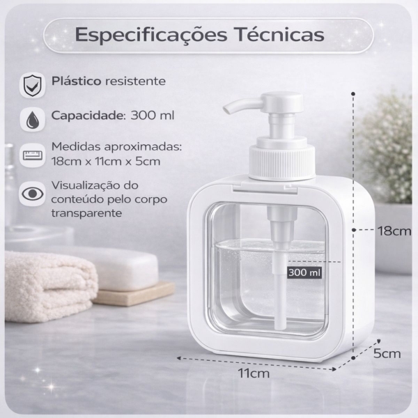 Dispenser Sabonete Líquido 300ml Quadrado Banheiro Cozinha - Branco