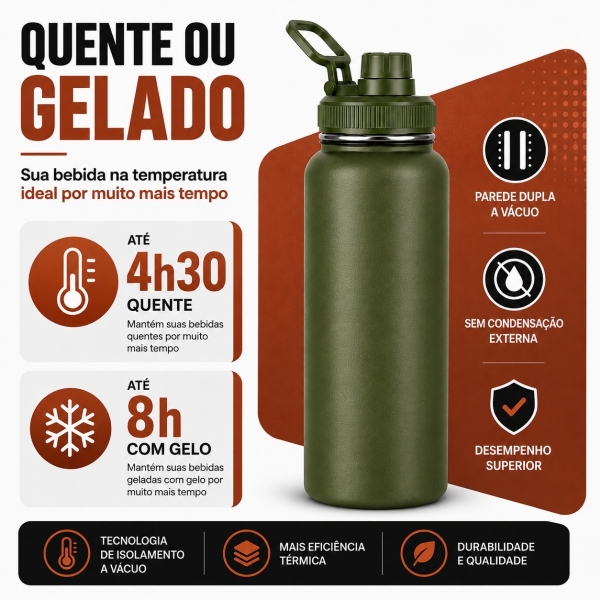 Garrafa Térmica Inox 1200ml Parede Dupla Isolamento a Vácuo Antivazamento com Alça 180° - Verde Militar