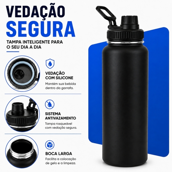 Garrafa Térmica Inox 1200ml Parede Dupla Isolamento a Vácuo Antivazamento com Alça 180° - Preta