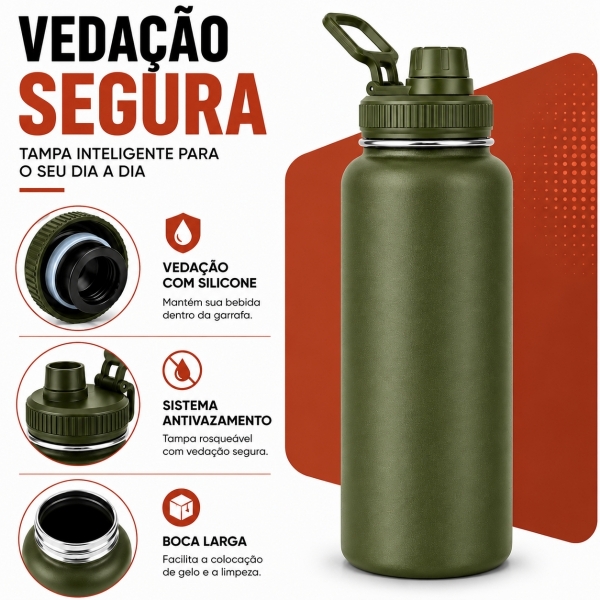 Garrafa Térmica Inox 1200ml Parede Dupla Isolamento a Vácuo Antivazamento com Alça 180° - Verde Militar