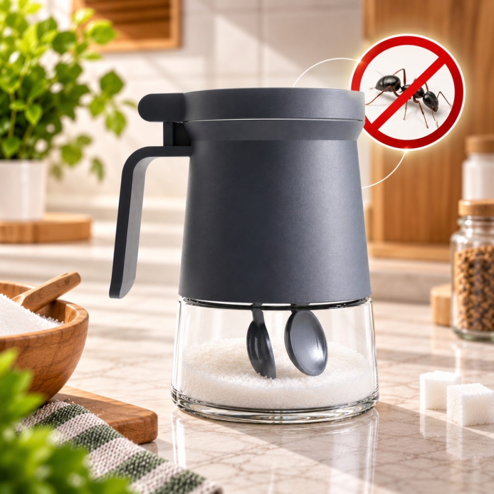 Açucareiro de Vidro 350ml com Tampa Vedada e Colher Azul e Cinza - Cinza