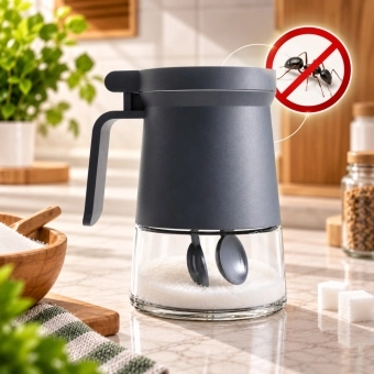 Açucareiro de Vidro 350ml com Tampa Vedada e Colher Azul e Cinza