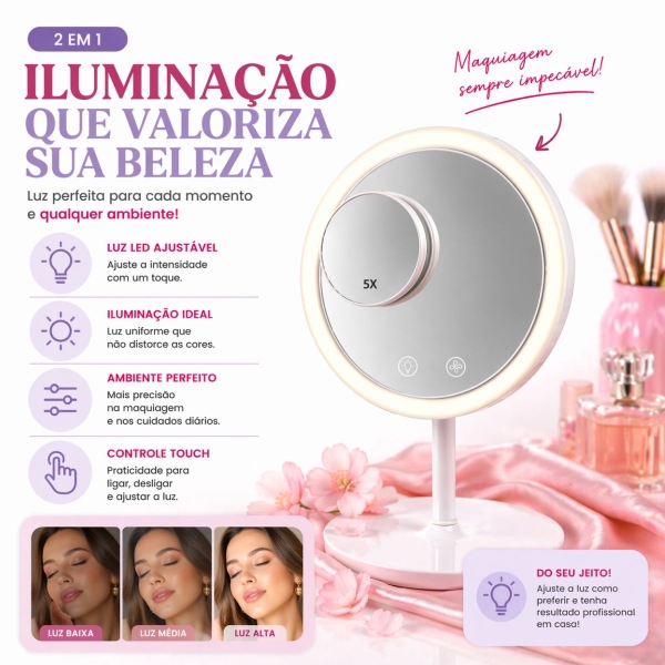 Espelho Maquiagem LED Com Ventilador 5x Aumento Touch Recarregável