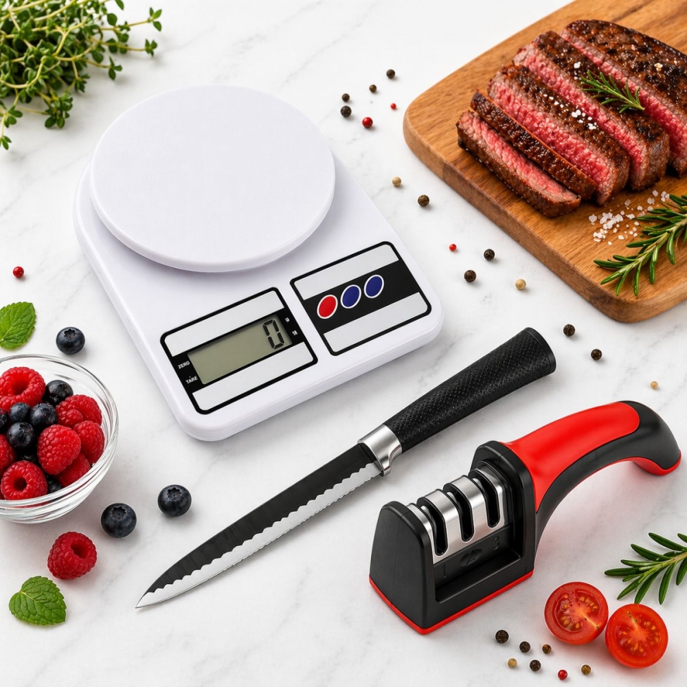 (KT) Kit balança cozinha + faca inox 24cm + amolador de faca