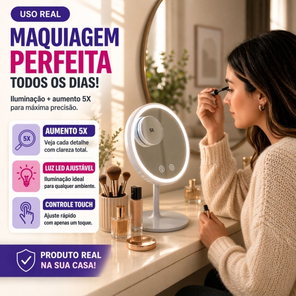 Espelho Maquiagem LED Com Ventilador 5x Aumento Touch Recarregável