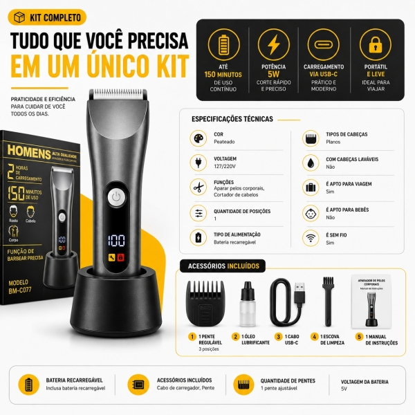 Depilador Masculino Partes Intimas Portátil À Prova D´ Água - Cinza/Prata