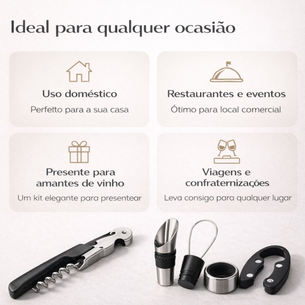 Kit Acessórios para Vinho 5 Peças Saca Rolhas e Dosador