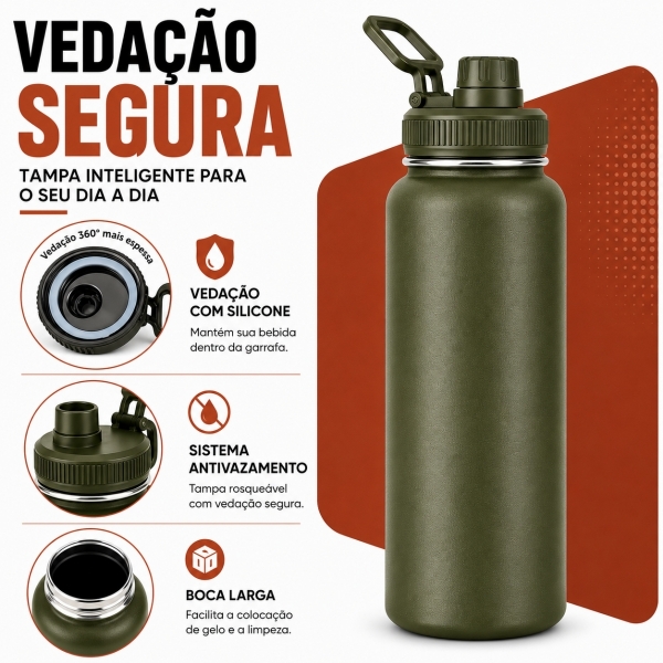 Garrafa Térmica Inox 1200ml Parede Dupla Isolamento a Vácuo Antivazamento com Alça 180° - Verde Militar