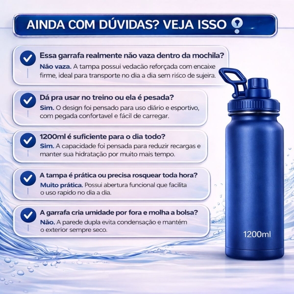 Garrafa Térmica Inox 1200ml Parede Dupla Isolamento a Vácuo Antivazamento com Alça 180° - Azul
