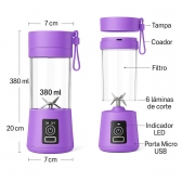 Mini Liquidificador Portátil Recarregável 380ML 6 Laminas - Roxo
