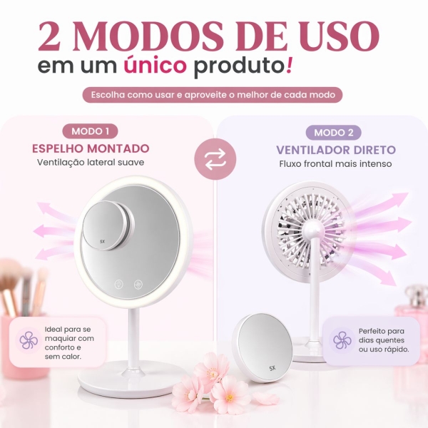 Espelho Maquiagem LED Com Ventilador 5x Aumento Touch Recarregável