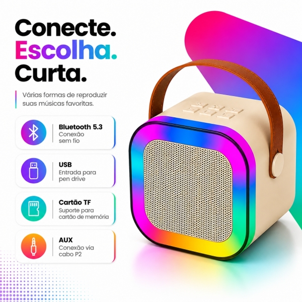 Caixa de Som Bluetooth Portátil 20W com Microfone Sem Fio RGB USB Cartão TF AUX Karaokê