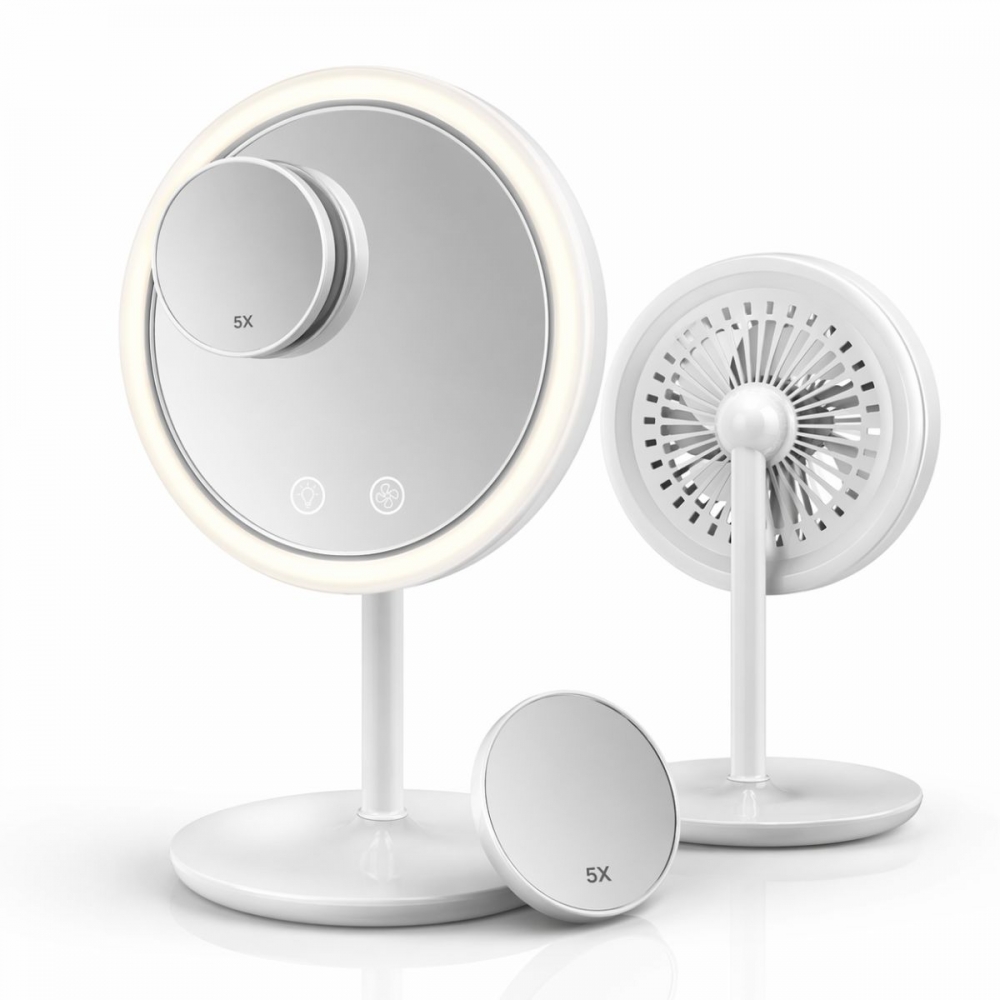 Espelho Maquiagem LED Com Ventilador 5x Aumento Touch Recarregável