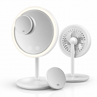 Espelho Maquiagem LED Com Ventilador 5x Aumento Touch Recarregável