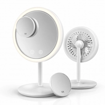 Espelho Maquiagem LED Com Ventilador 5x Aumento Touch Recarregável