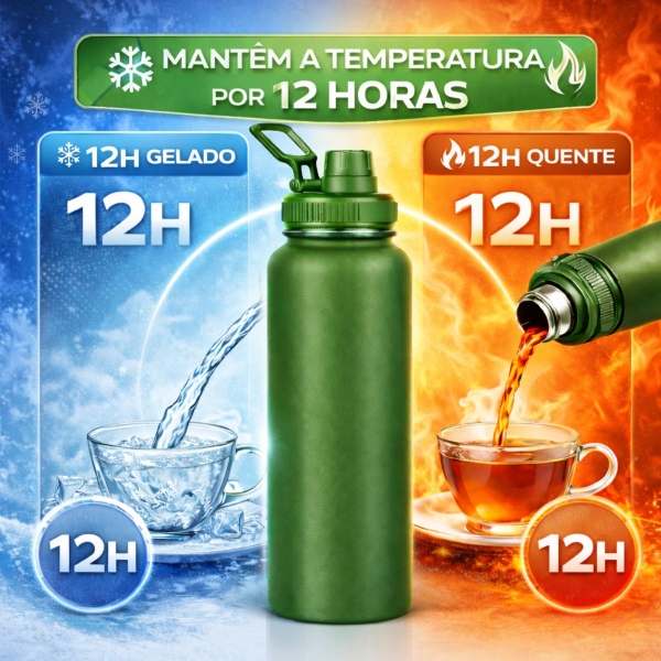Garrafa Térmica Inox 1200ml Parede Dupla Isolamento a Vácuo Antivazamento com Alça 180° - Verde Militar