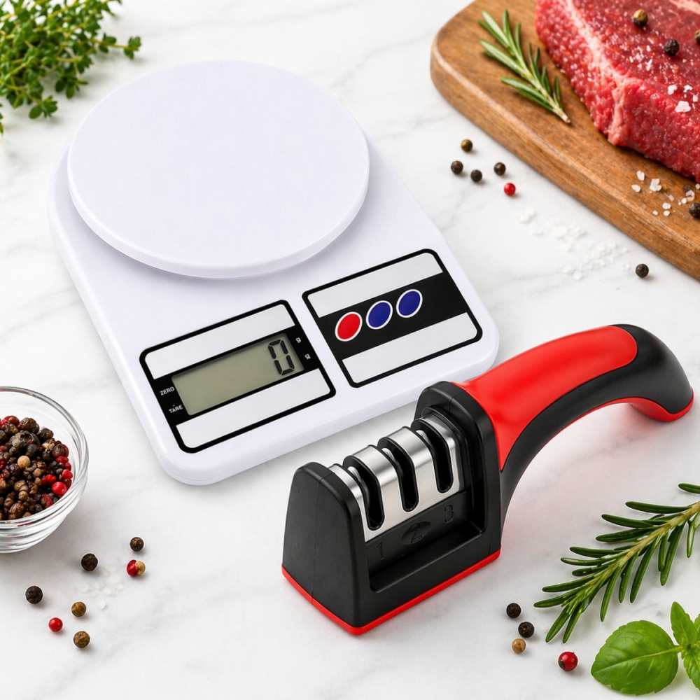 Kit Balança de Cozinha 10kg e Amolador de Facas Profissional