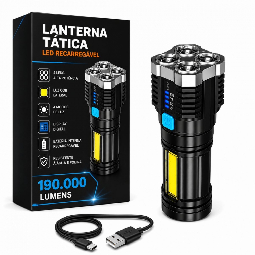 Lanterna Tática LED Recarregável USB 190000 Lumens 500m COB 4 Modos