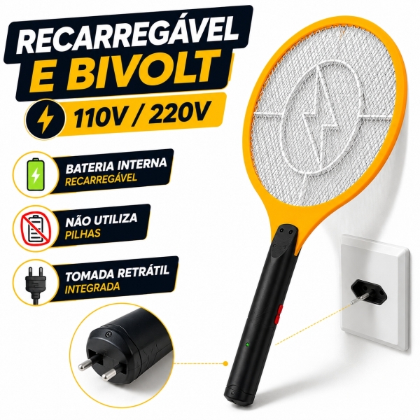 Raquete Elétrica Mata Mosquito Recarregável Bivolt Resistente