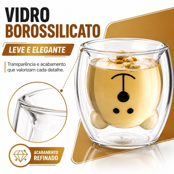 Copo Urso Vidro Duplo 250ml Café Chá Leite Parede Dupla