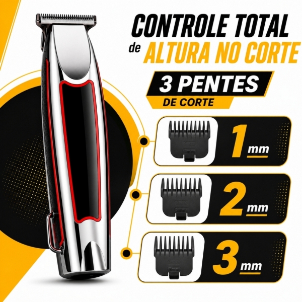 Kit Máquina de Acabamento Profissional 3W + Barbeador Elétrico Shaver 5W Sem Fio com Display LED 3 Pentes USB Lâmina T