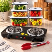 Kit Cozinha Fogão Elétrico 2 Bocas 127V 2000W + 5 Potes Herméticos + Pegador Silicone Inox
