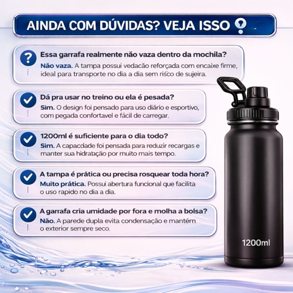Garrafa Térmica Inox 1200ml Parede Dupla Isolamento a Vácuo Antivazamento com Alça 180° - Preta