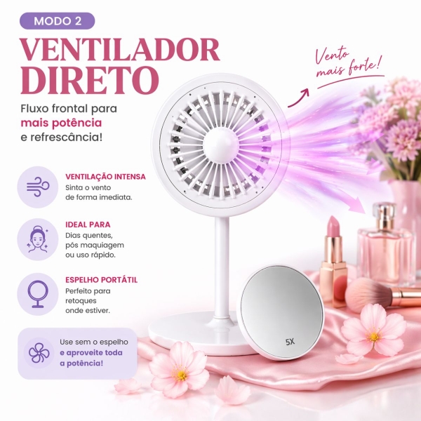 Espelho Maquiagem LED Com Ventilador 5x Aumento Touch Recarregável