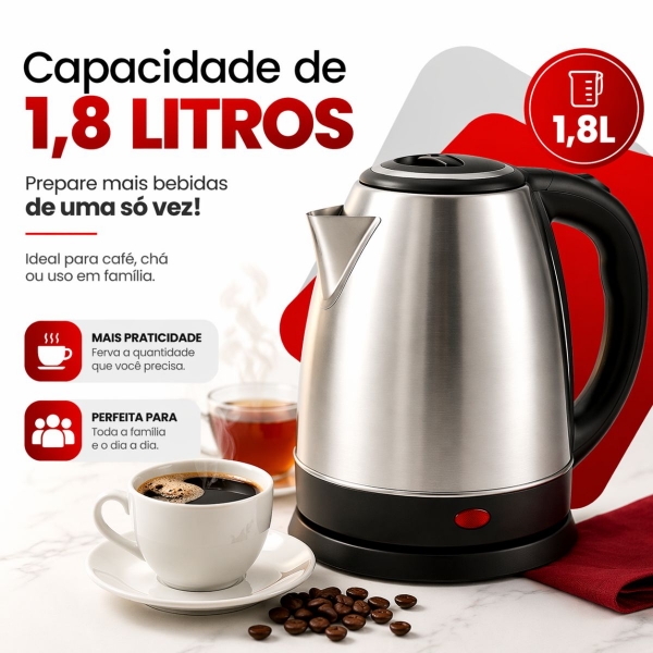 Chaleira Elétrica Inox 1,8 Litros Jarra Bule BAK Cor Prata