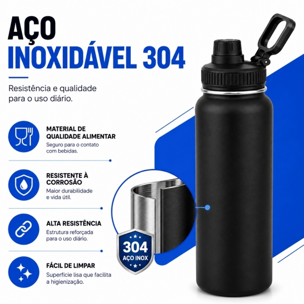 Garrafa Térmica Inox 1200ml Parede Dupla Isolamento a Vácuo Antivazamento com Alça 180° - Preta
