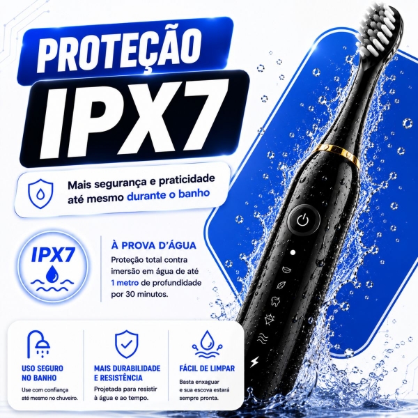 Escova Elétrica Sônica Recarregável USB IPX7 6 Modos + 4 Refis - Preto