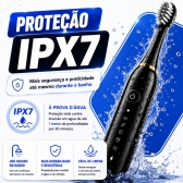 Escova Elétrica Sônica Recarregável USB IPX7 6 Modos + 4 Refis - Preto