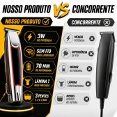 Kit Máquina de Acabamento Profissional 3W + Barbeador Elétrico Shaver 5W Sem Fio com Display LED 3 Pentes USB Lâmina T