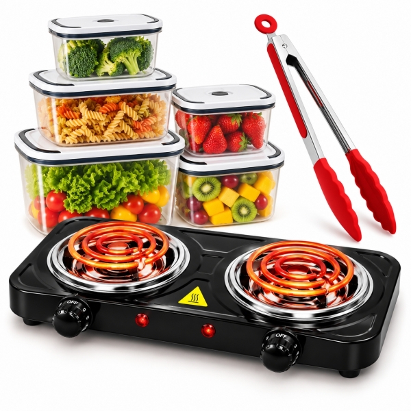 Kit Cozinha Fogão Elétrico 2 Bocas 127V 2000W + 5 Potes Herméticos + Pegador Silicone Inox