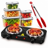 Kit Cozinha Fogão Elétrico 2 Bocas 127V 2000W + 5 Potes Herméticos + Pegador Silicone Inox