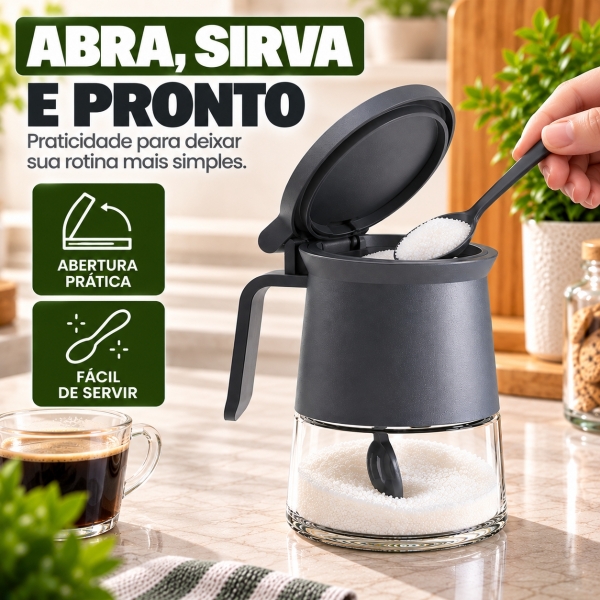 Açucareiro de Vidro 350ml com Tampa Vedada e Colher Azul e Cinza - Cinza