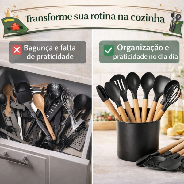 Kit Utensilios Cozinha Silicone 12 Pecas Cabo Madeira Completo