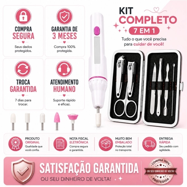 Kit Lixa Elétrica De Unhas 5 Pontas + Manicure Pedicure 7 Em 1 Com Estojo Portátil Completo
