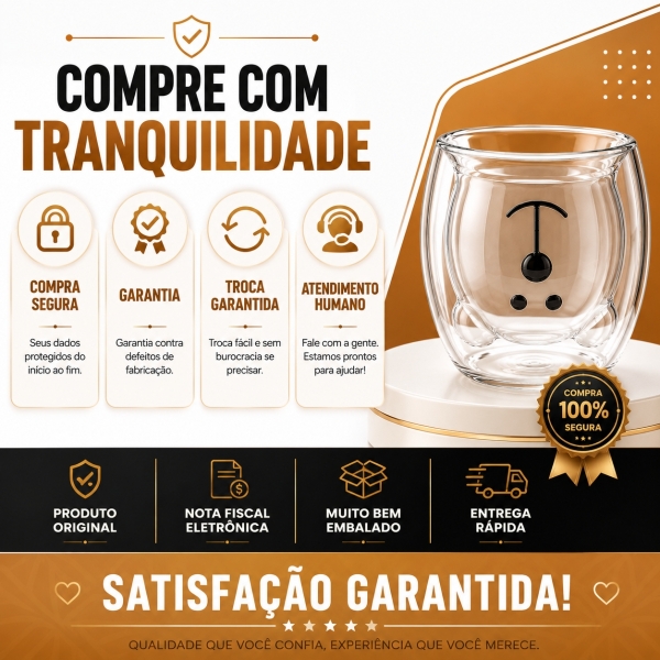 Copo Urso Vidro Duplo 250ml Café Chá Leite Parede Dupla
