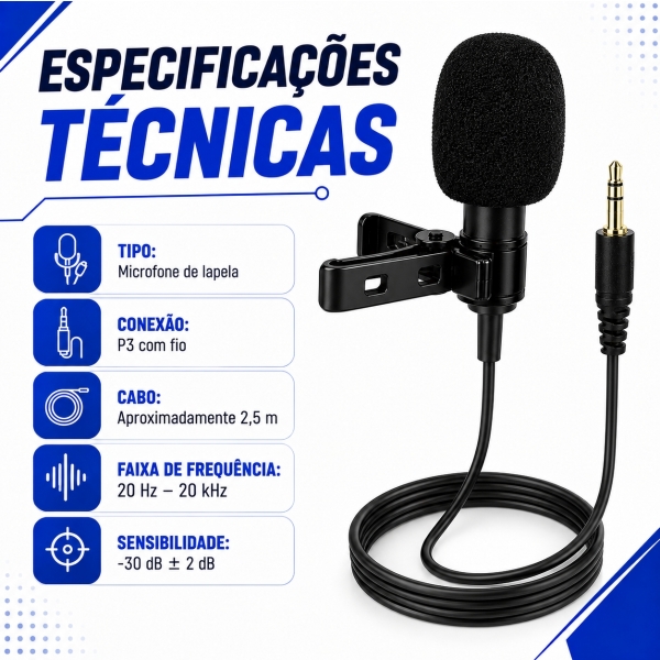 Microfone de Lapela P3 com Fio 2,5m para Celular e PC