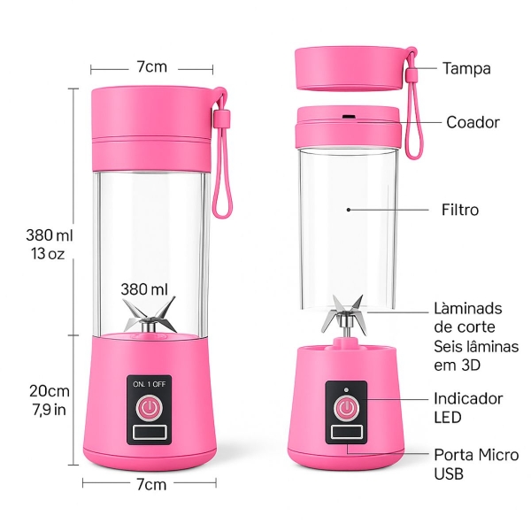 Mini Liquidificador Portátil Recarregável 380ML 6 Laminas - Rosa