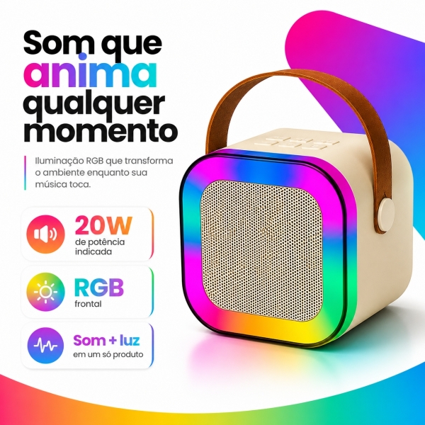 Caixa de Som Bluetooth Portátil 20W com Microfone Sem Fio RGB USB Cartão TF AUX Karaokê