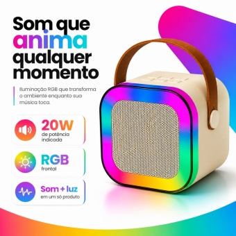 Caixa de Som Bluetooth Portátil 20W com Microfone Sem Fio RGB USB Cartão TF AUX Karaokê