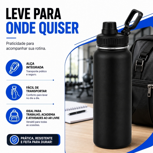 Garrafa Térmica Inox 1200ml Parede Dupla Isolamento a Vácuo Antivazamento com Alça 180° - Preta