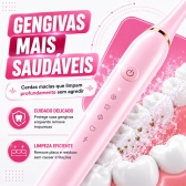 Escova Elétrica Sônica Recarregável USB IPX7 6 Modos + 4 Refis - Rosa