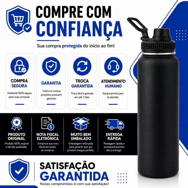 Garrafa Térmica Inox 1200ml Parede Dupla Isolamento a Vácuo Antivazamento com Alça 180° - Preta