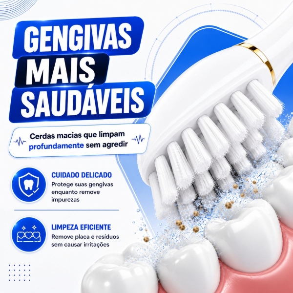 Escova Elétrica Sônica Recarregável USB IPX7 6 Modos + 4 Refis - Branco