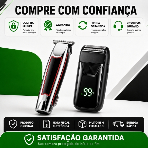 Kit Máquina de Acabamento Profissional 3W + Barbeador Elétrico Shaver 5W Sem Fio com Display LED 3 Pentes USB Lâmina T