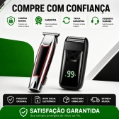 Kit Máquina de Acabamento Profissional 3W + Barbeador Elétrico Shaver 5W Sem Fio com Display LED 3 Pentes USB Lâmina T